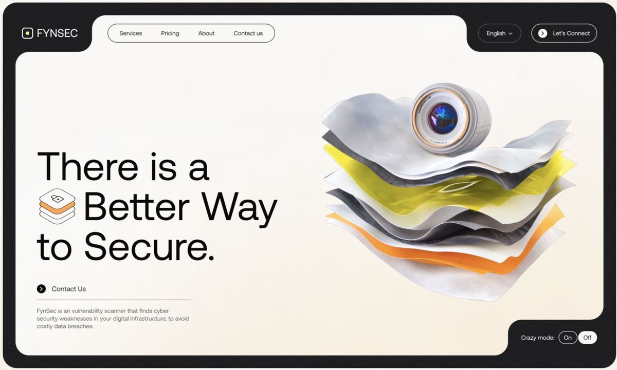 Cybersecurity vulnerability scanner website with 3D layered visual